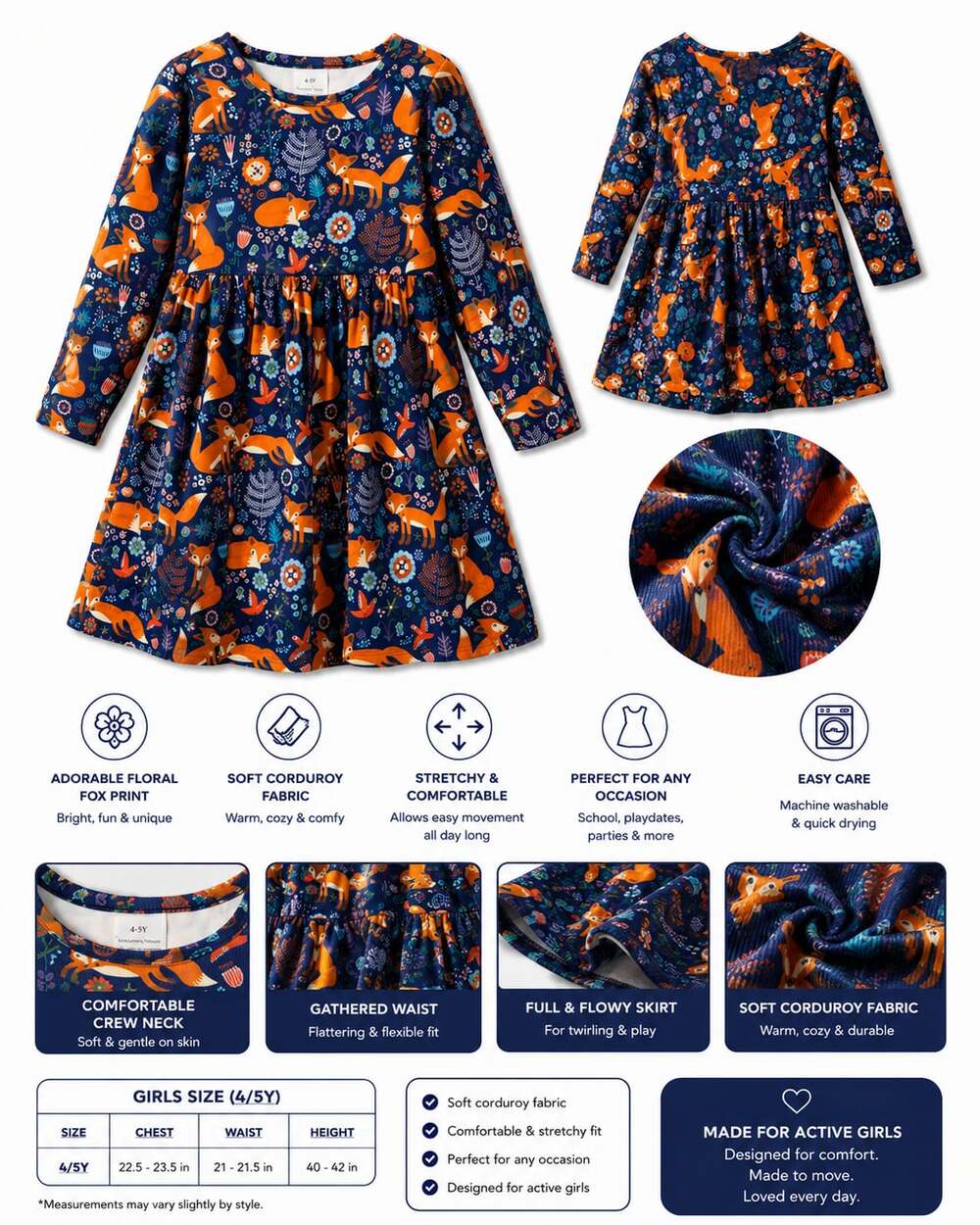 Toddler Girls Long Sleeve  Floral Fox Print Casual Dress